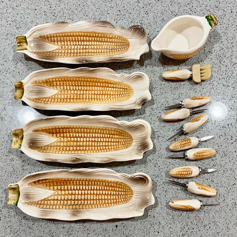 14 Pc Set Vintage Corn on Cob Ceramic Serving Dishes, Holders, Butter Bowl Brush